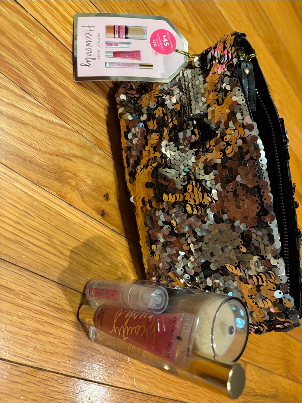 Victoria Secret Sequin Cosmetic Pouch with Gold and Silver Shimmer - Heavenly